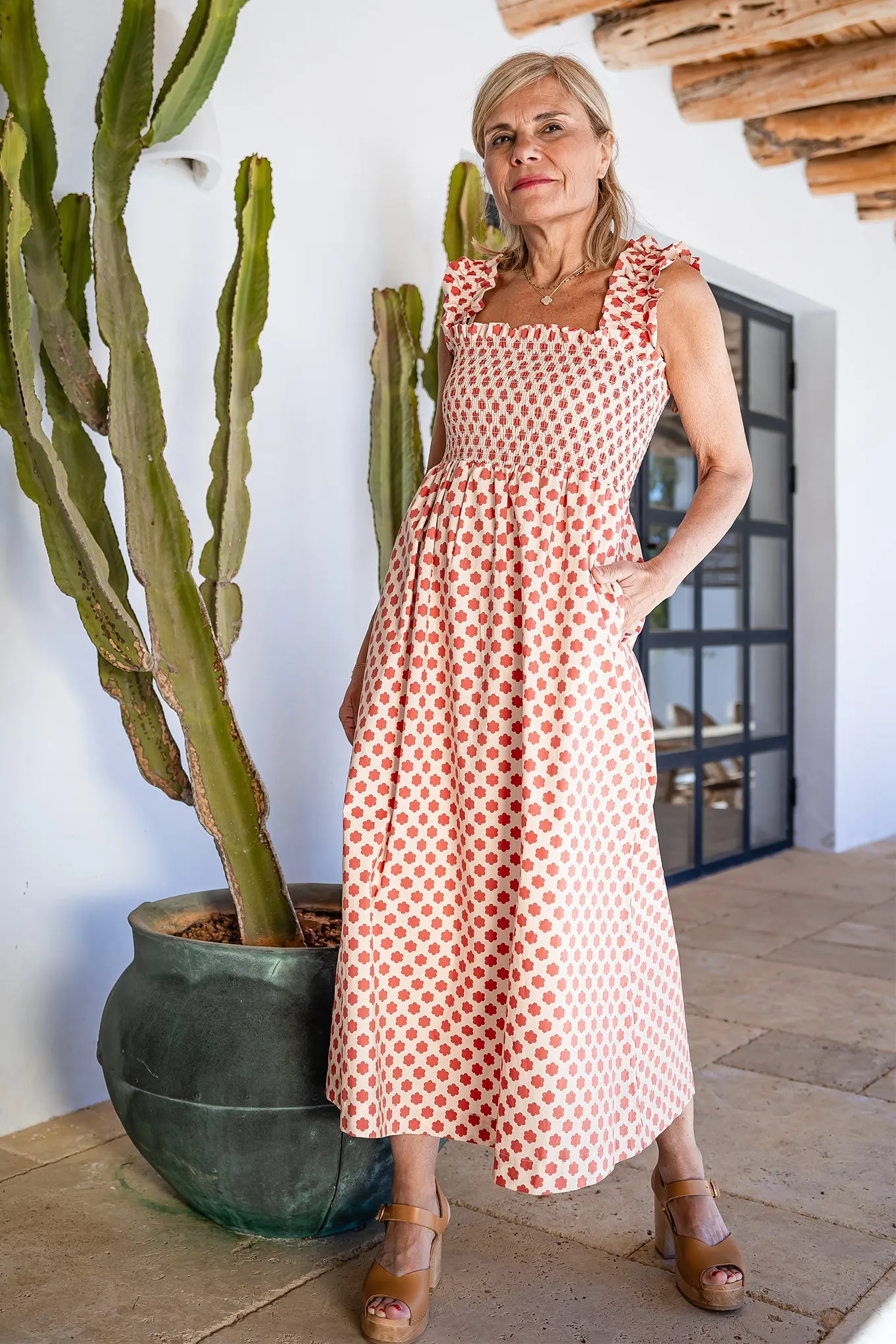 Bliss Cotton Poplin Dress - Ecru/Red