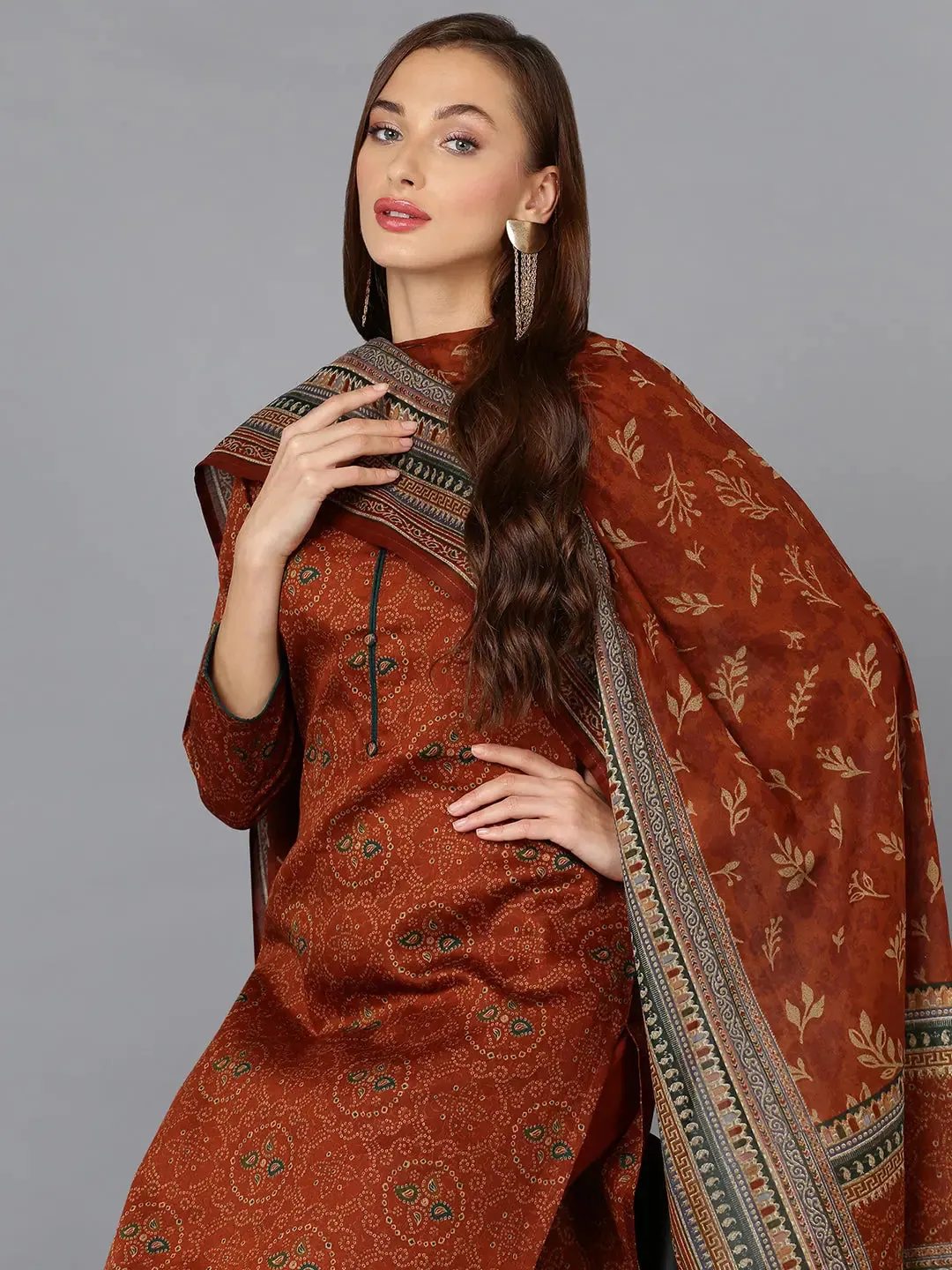 Burnt-Orange Cotton Straight Kurta Pant With Dupatta-VKSKD1797A
