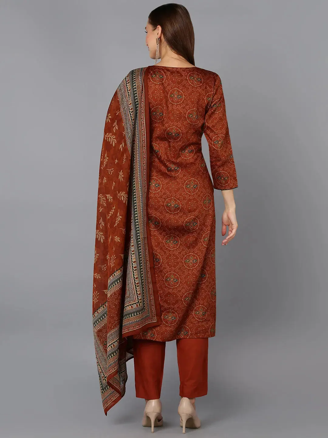 Burnt-Orange Cotton Straight Kurta Pant With Dupatta-VKSKD1797A