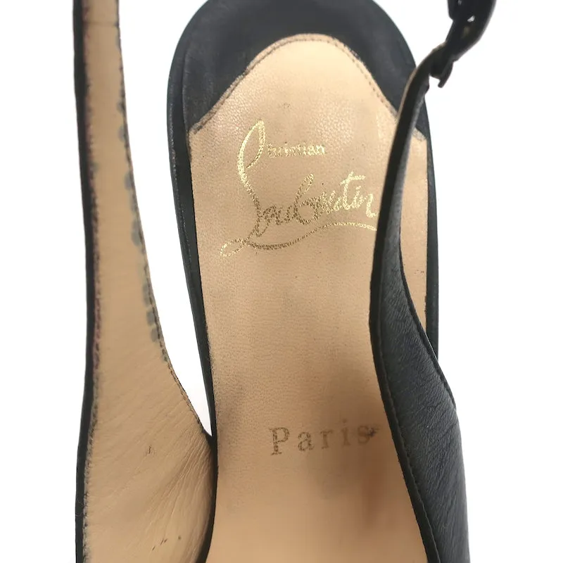 Christian Louboutin Peep Toe Slingback Sandals Black Pleated Leather Size 39