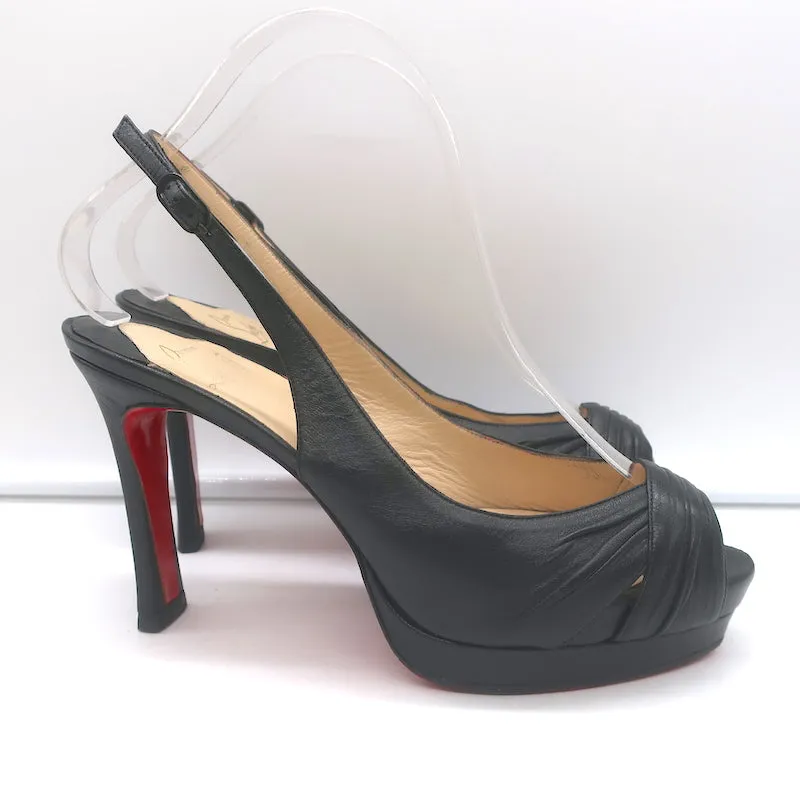 Christian Louboutin Peep Toe Slingback Sandals Black Pleated Leather Size 39
