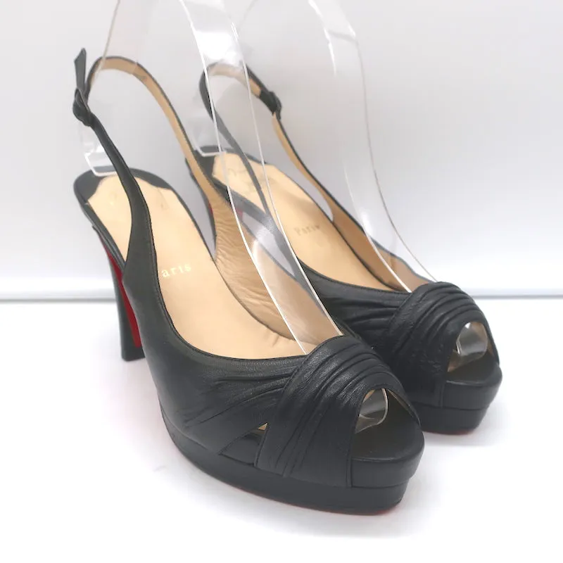 Christian Louboutin Peep Toe Slingback Sandals Black Pleated Leather Size 39
