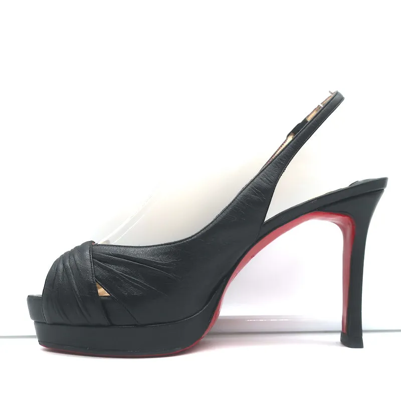 Christian Louboutin Peep Toe Slingback Sandals Black Pleated Leather Size 39