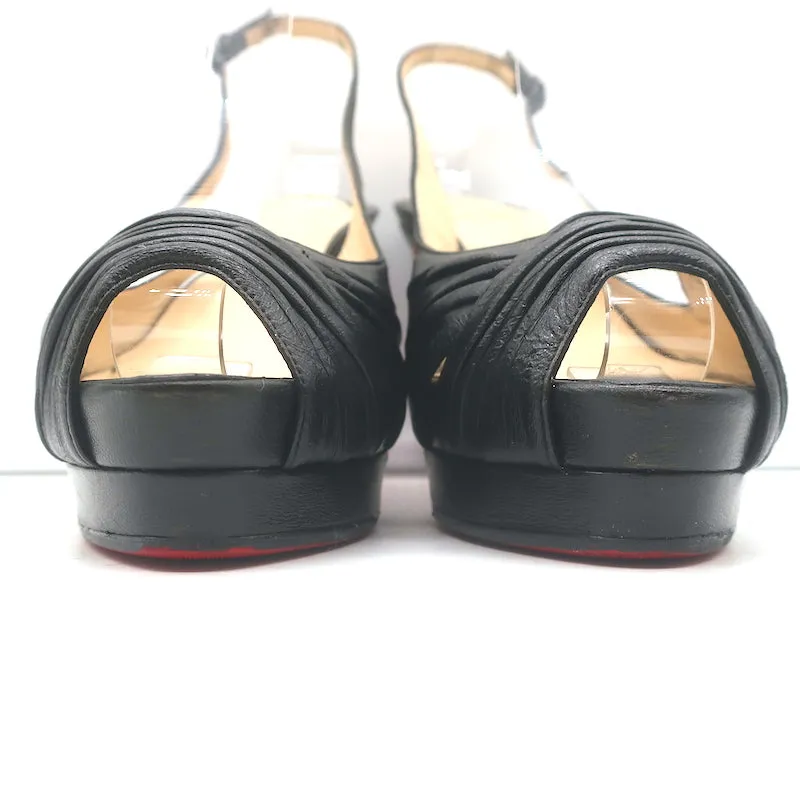 Christian Louboutin Peep Toe Slingback Sandals Black Pleated Leather Size 39