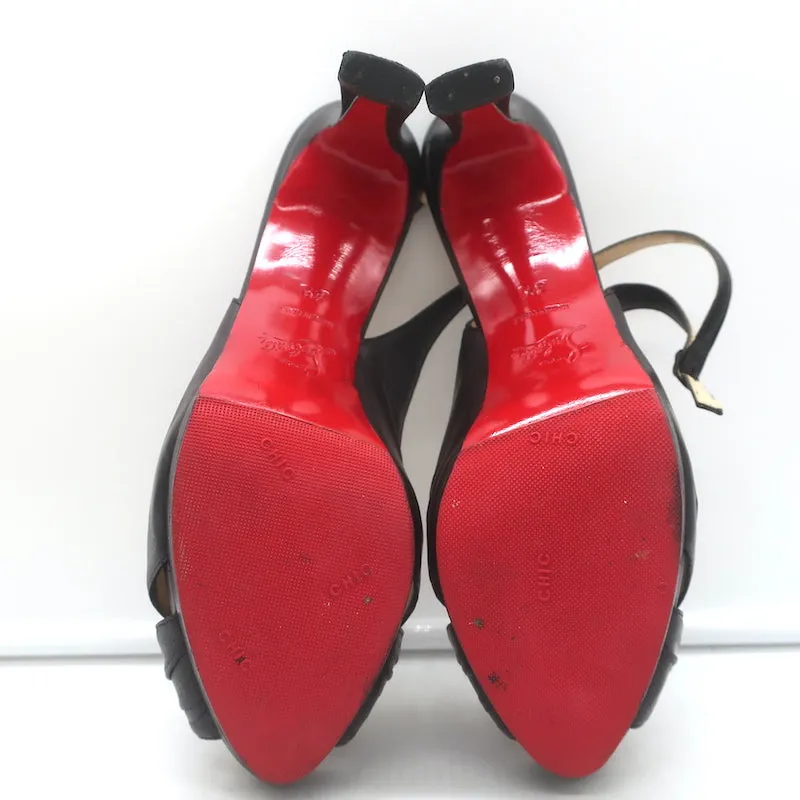 Christian Louboutin Peep Toe Slingback Sandals Black Pleated Leather Size 39