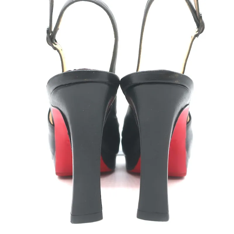 Christian Louboutin Peep Toe Slingback Sandals Black Pleated Leather Size 39