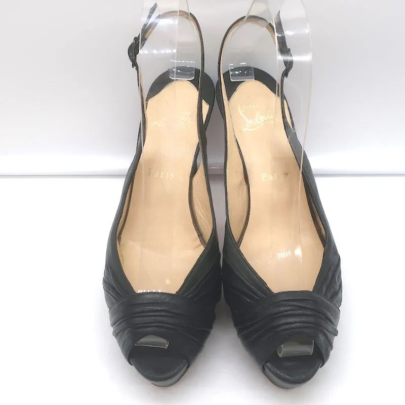 Christian Louboutin Peep Toe Slingback Sandals Black Pleated Leather Size 39