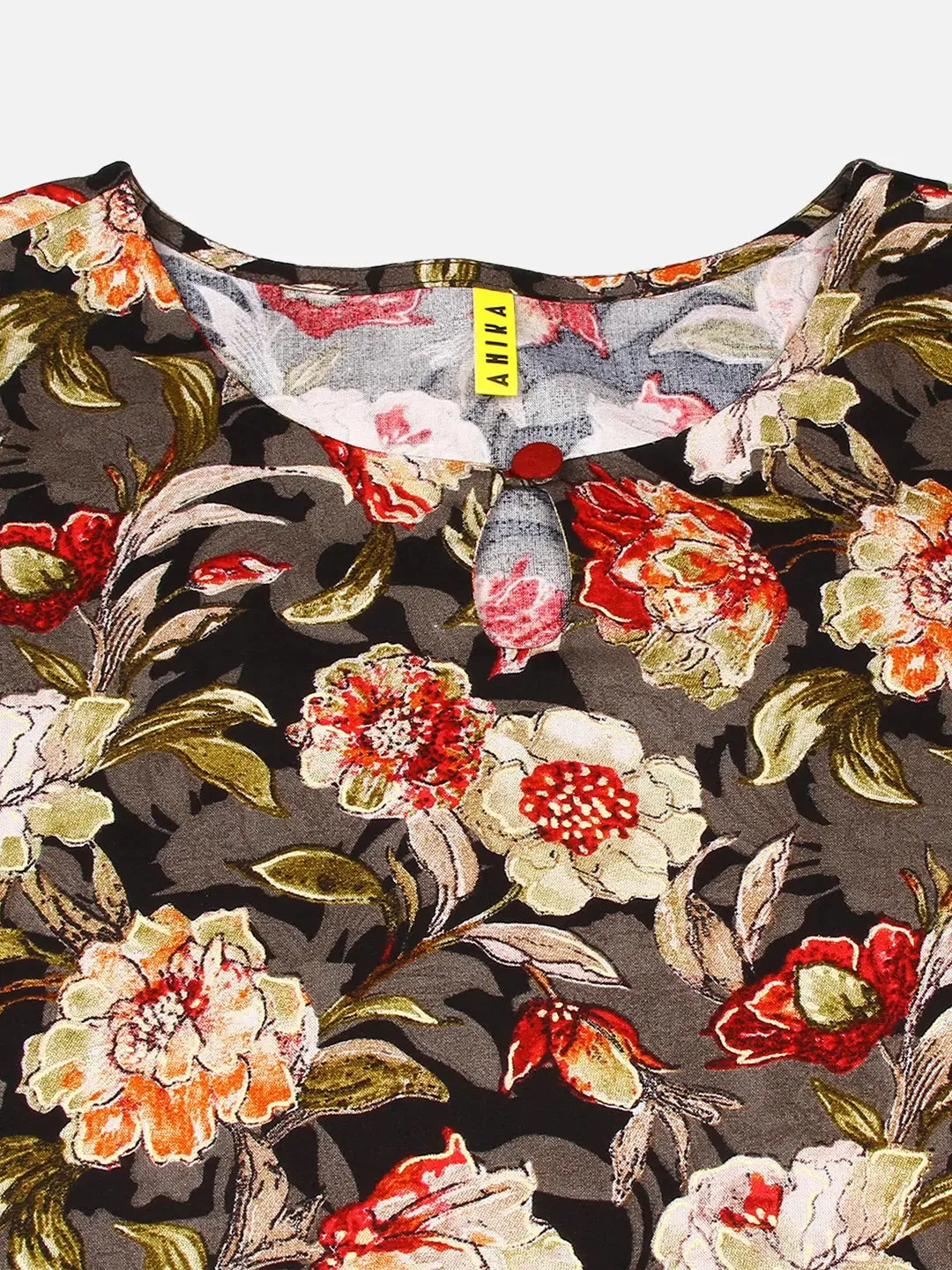 Cotton Blend Black Floral Printed Kurta