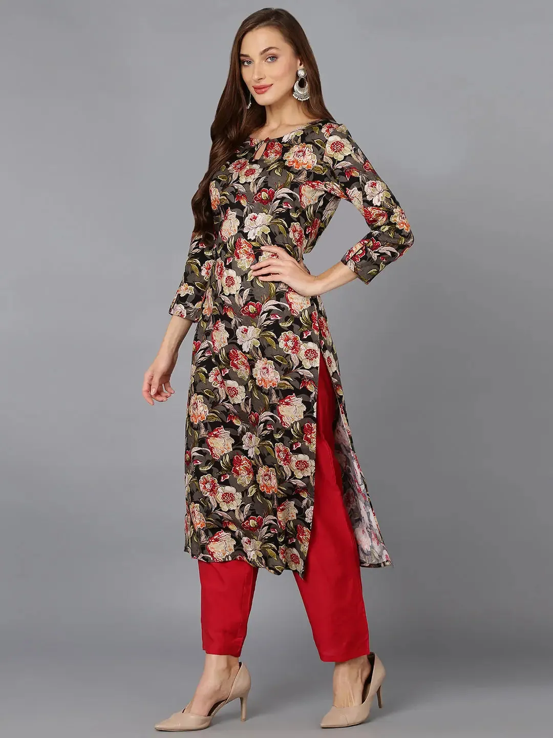 Cotton Blend Black Floral Printed Kurta