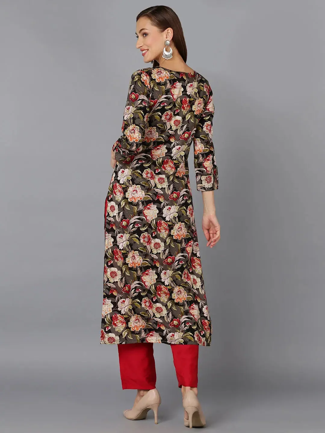 Cotton Blend Black Floral Printed Kurta
