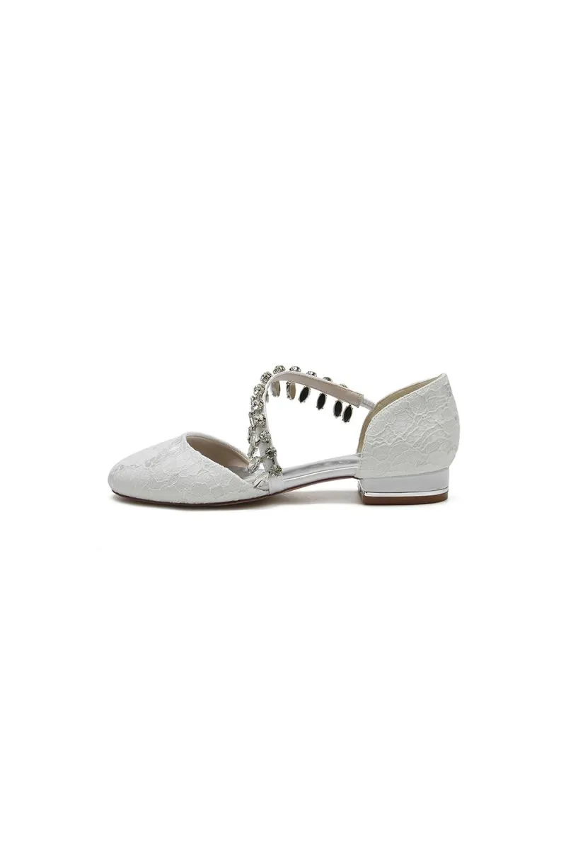 Crystal Strap Lace Round Toe Flats