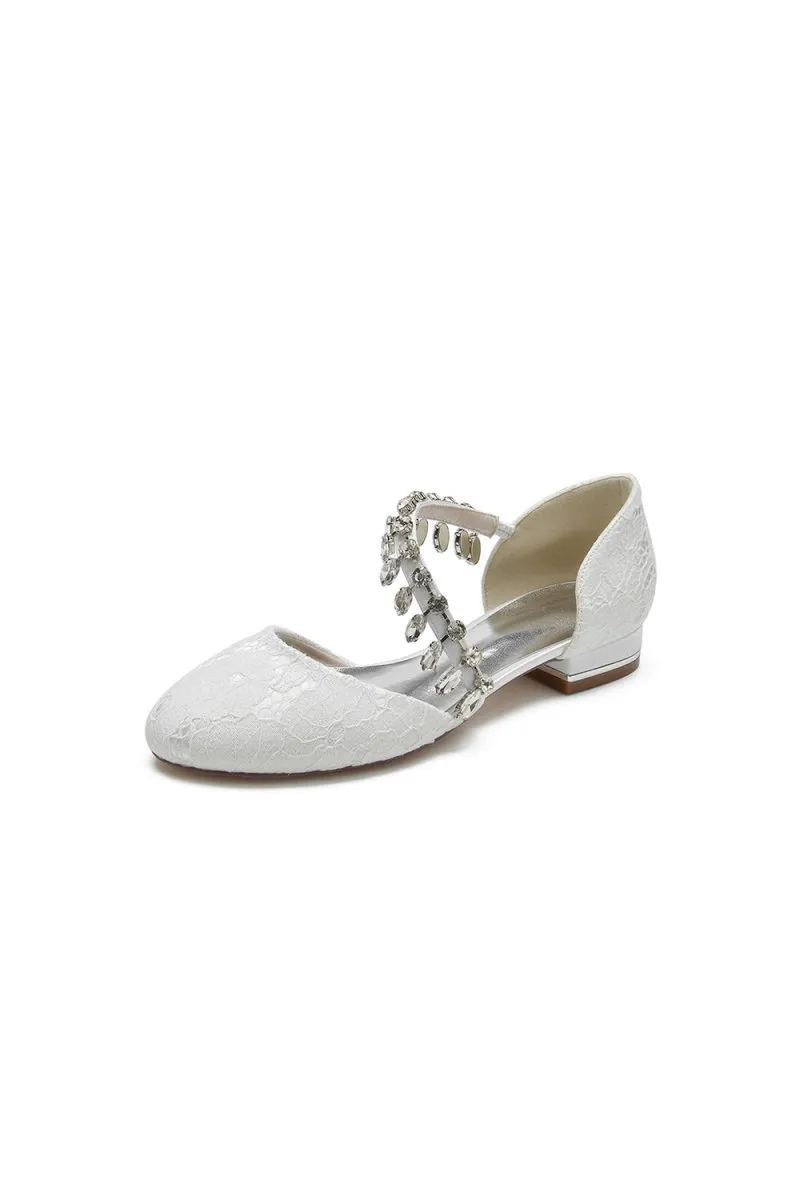 Crystal Strap Lace Round Toe Flats
