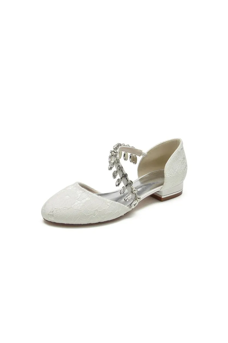 Crystal Strap Lace Round Toe Flats