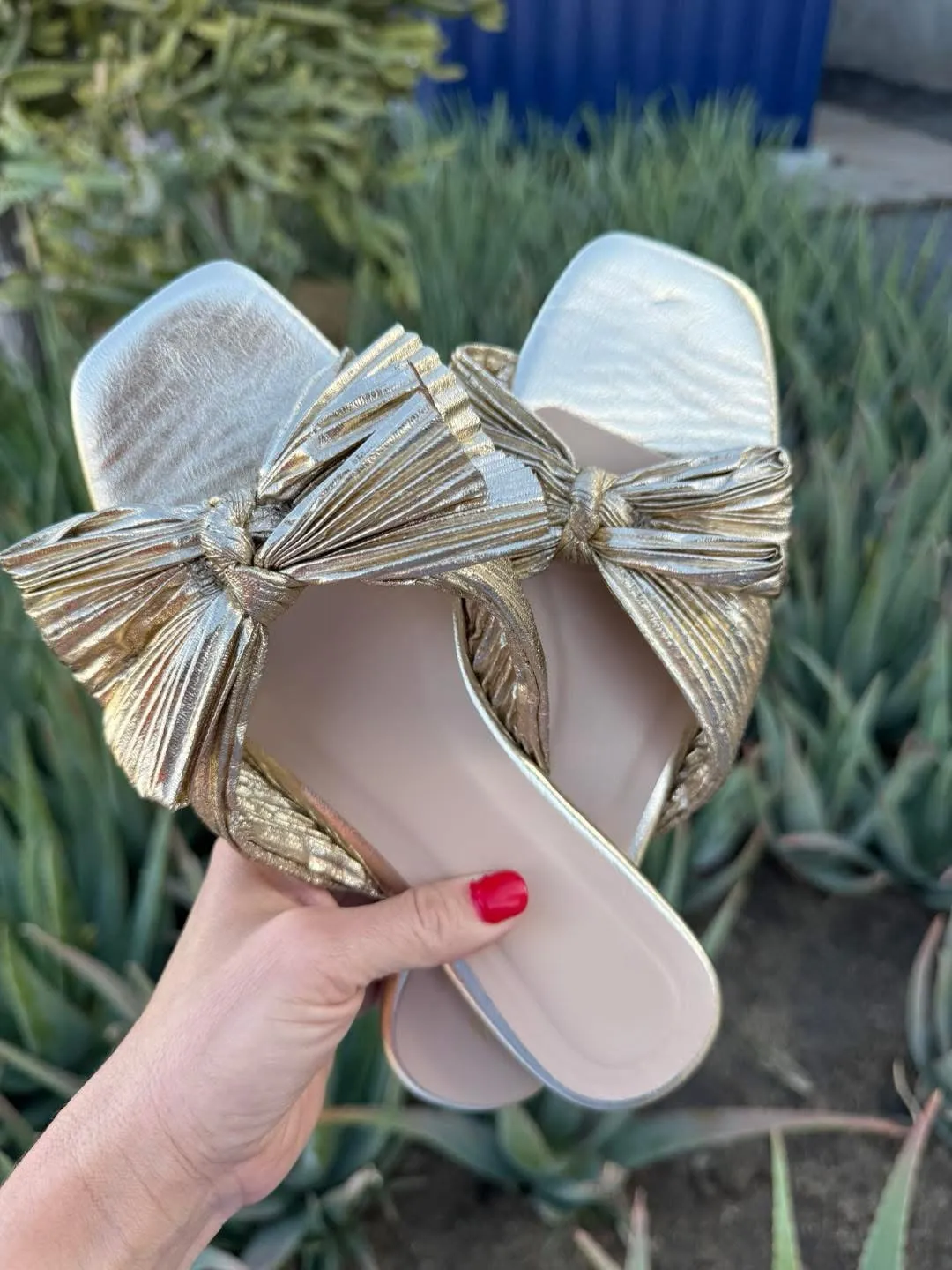 Effortless Elegance Metallic Pleat Bow Sandals