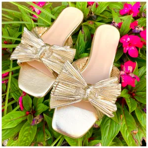 Effortless Elegance Metallic Pleat Bow Sandals