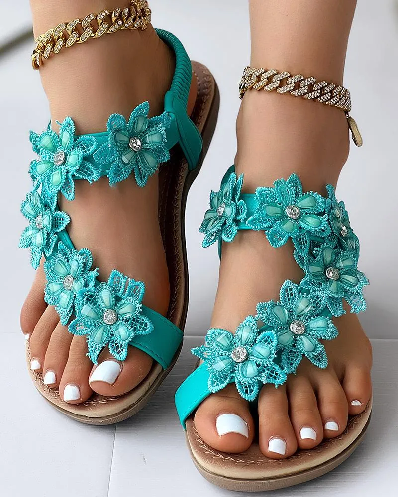 Floral Pattern Toe Ring Slingback Beach Sandals