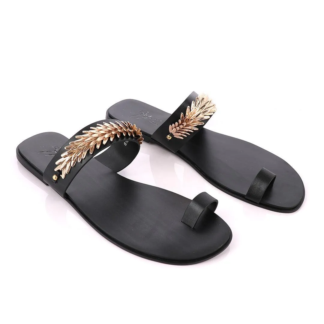 Giuseppe Zanotti Black Ring Flat Gold Strap Sandals