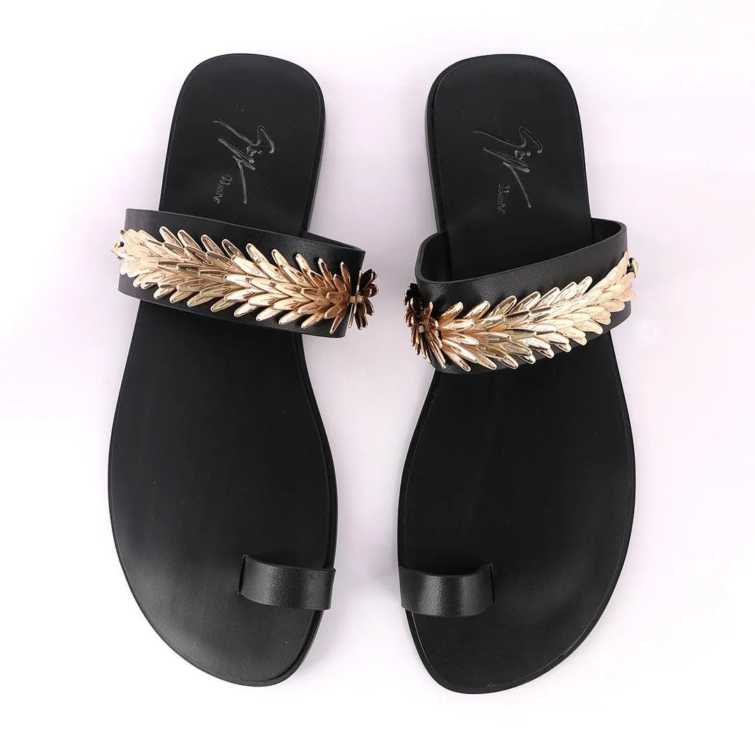 Giuseppe Zanotti Black Ring Flat Gold Strap Sandals