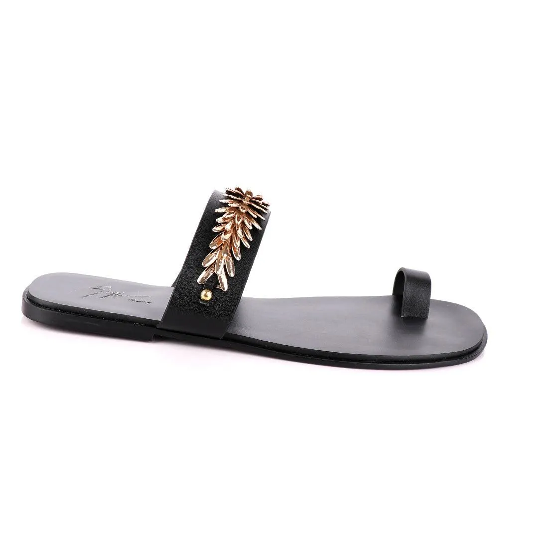 Giuseppe Zanotti Black Ring Flat Gold Strap Sandals