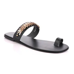 Giuseppe Zanotti Black Ring Flat Gold Strap Sandals
