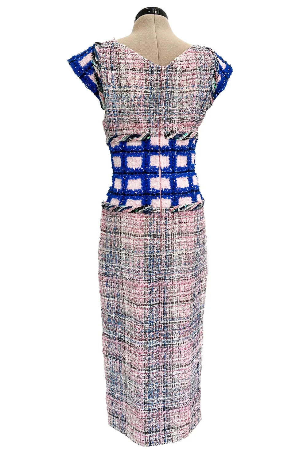 Incredible Spring 2018 Chanel by Karl Lagerfeld Runway Look 8 Pink & Blue Metallic Boucle Dress