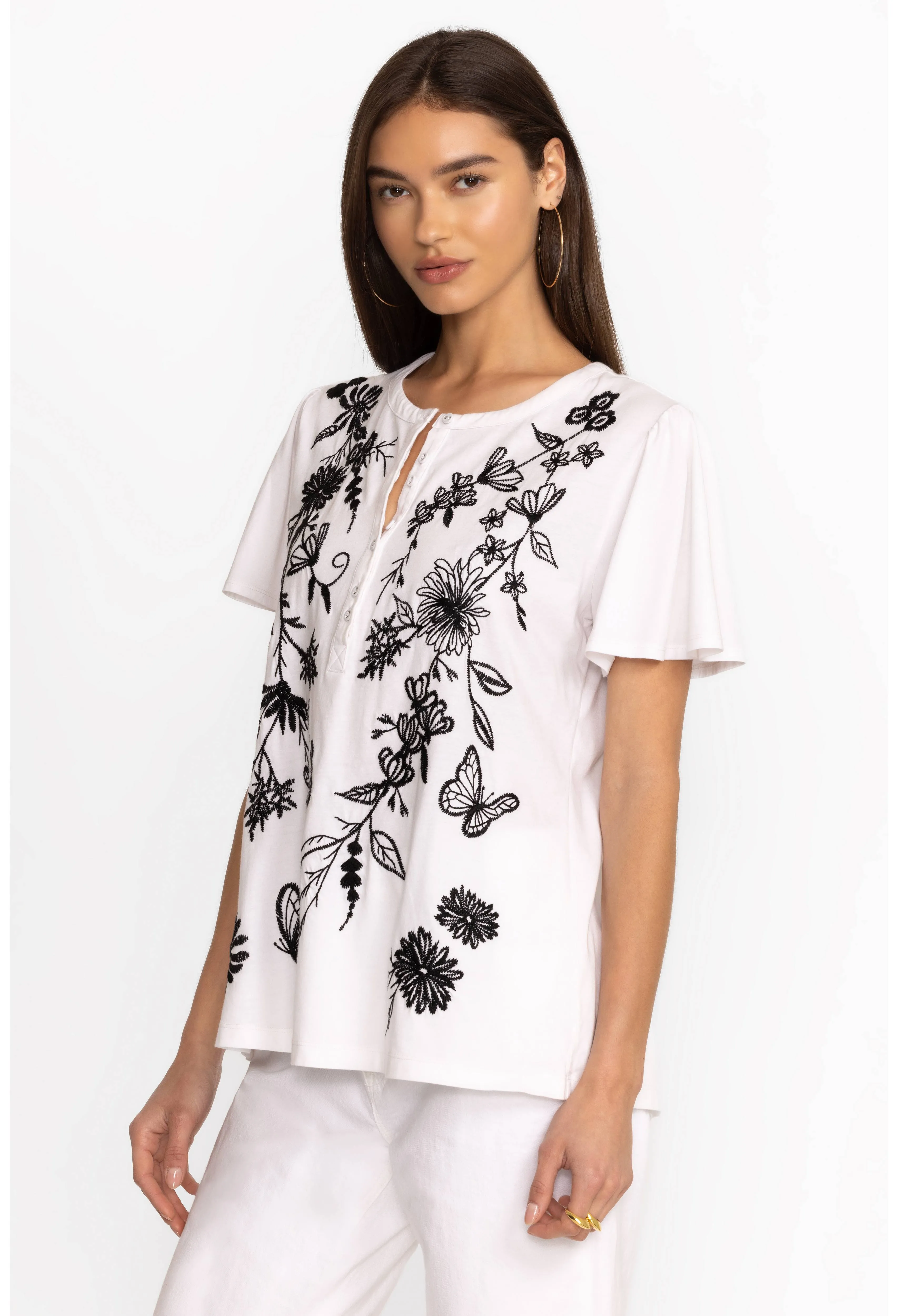 Johnny Was Domingo Flutter Sleeve Henley Tee
