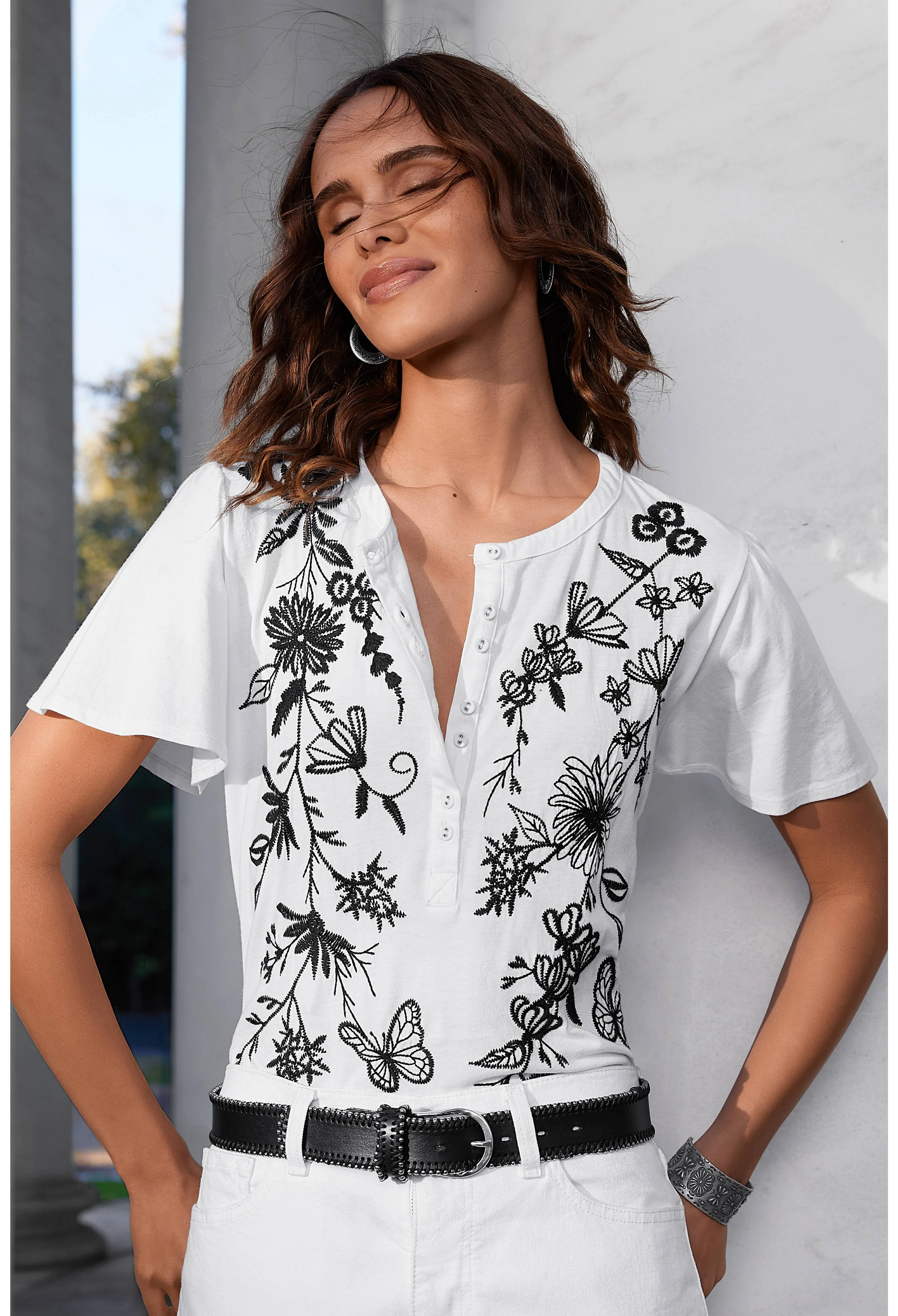 Johnny Was Domingo Flutter Sleeve Henley Tee