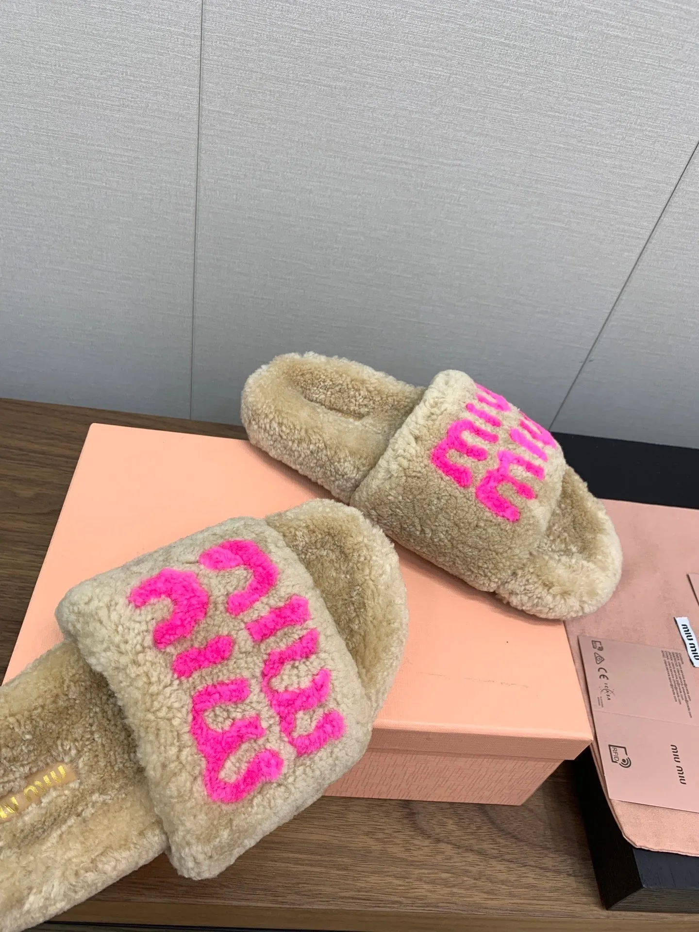Miu slippers Light Brown With Pink Lettering Pure Wool