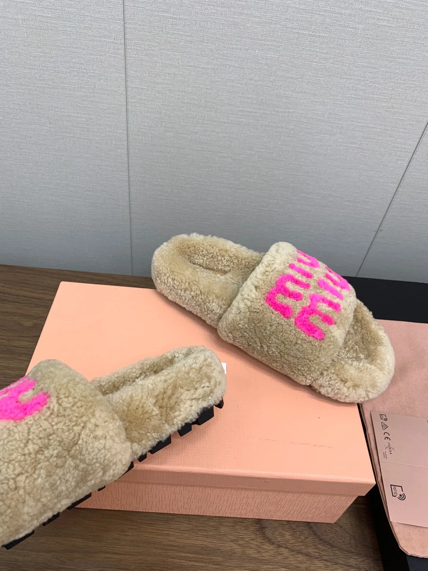 Miu slippers Light Brown With Pink Lettering Pure Wool