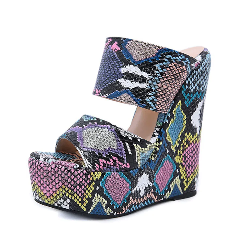 New Women Wedges Slippers  Print Platform Slides Sexy Peen Toe Outdoor Women Slippers Wedge Heels Gladiator Sandals Femme Shoes