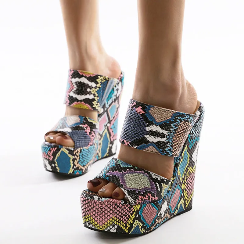 New Women Wedges Slippers  Print Platform Slides Sexy Peen Toe Outdoor Women Slippers Wedge Heels Gladiator Sandals Femme Shoes