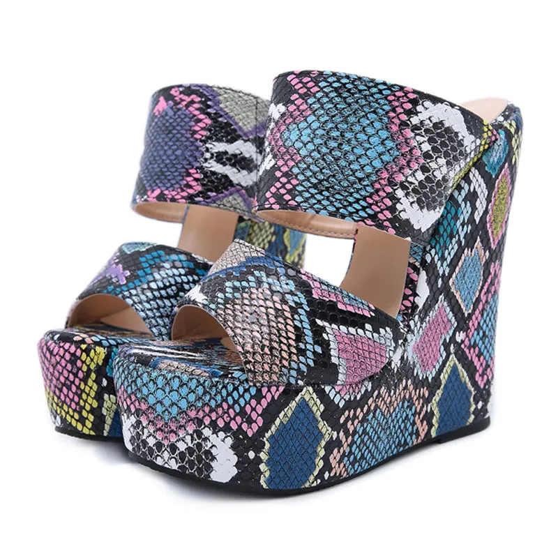 New Women Wedges Slippers  Print Platform Slides Sexy Peen Toe Outdoor Women Slippers Wedge Heels Gladiator Sandals Femme Shoes