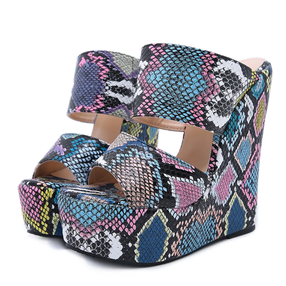 New Women Wedges Slippers  Print Platform Slides Sexy Peen Toe Outdoor Women Slippers Wedge Heels Gladiator Sandals Femme Shoes