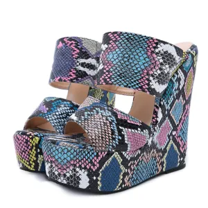New Women Wedges Slippers  Print Platform Slides Sexy Peen Toe Outdoor Women Slippers Wedge Heels Gladiator Sandals Femme Shoes