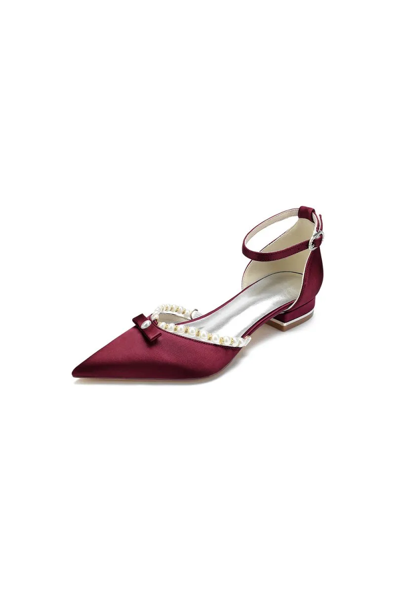 Pearl Bow Buckle Strap Pointed Toe Flats