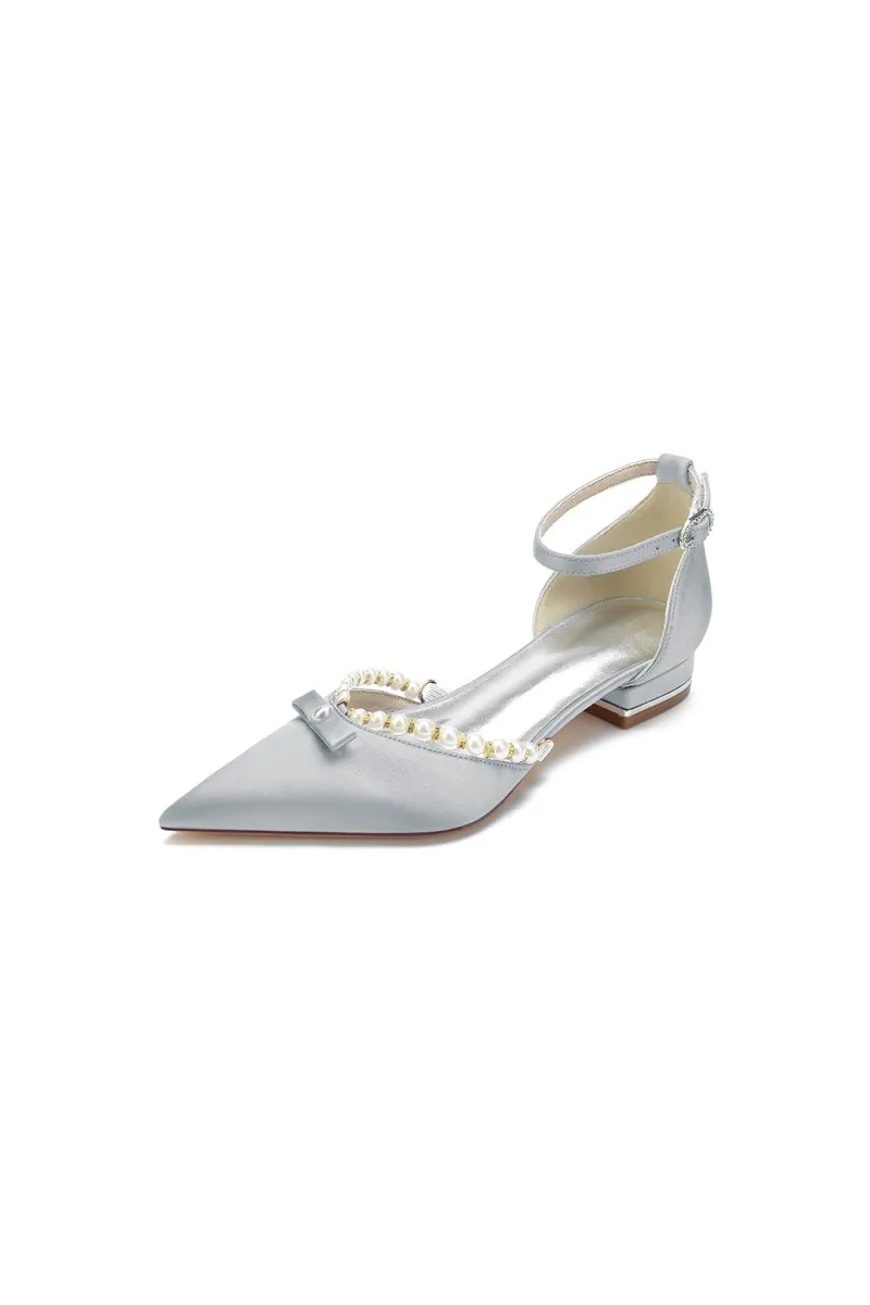 Pearl Bow Buckle Strap Pointed Toe Flats