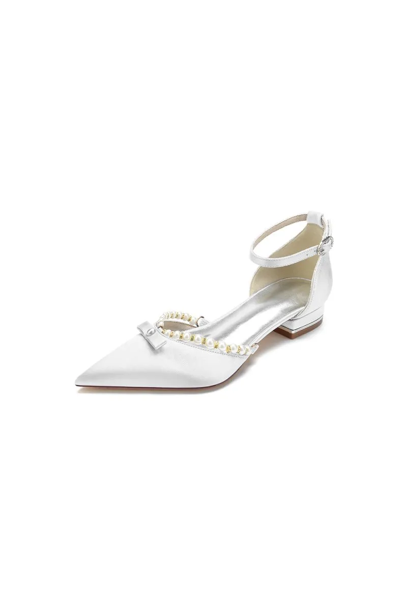 Pearl Bow Buckle Strap Pointed Toe Flats