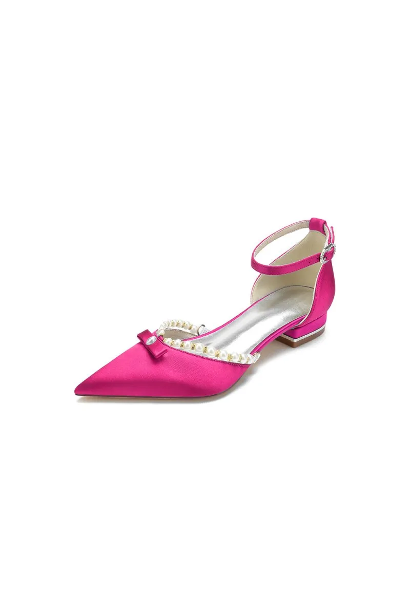 Pearl Bow Buckle Strap Pointed Toe Flats