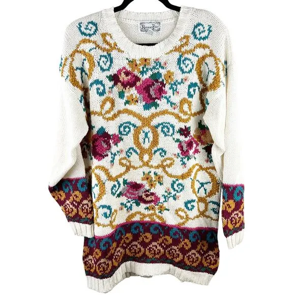 Reference Point Vintage Gold &amp; Burgundy Tunic Sweater Western Boho (L)