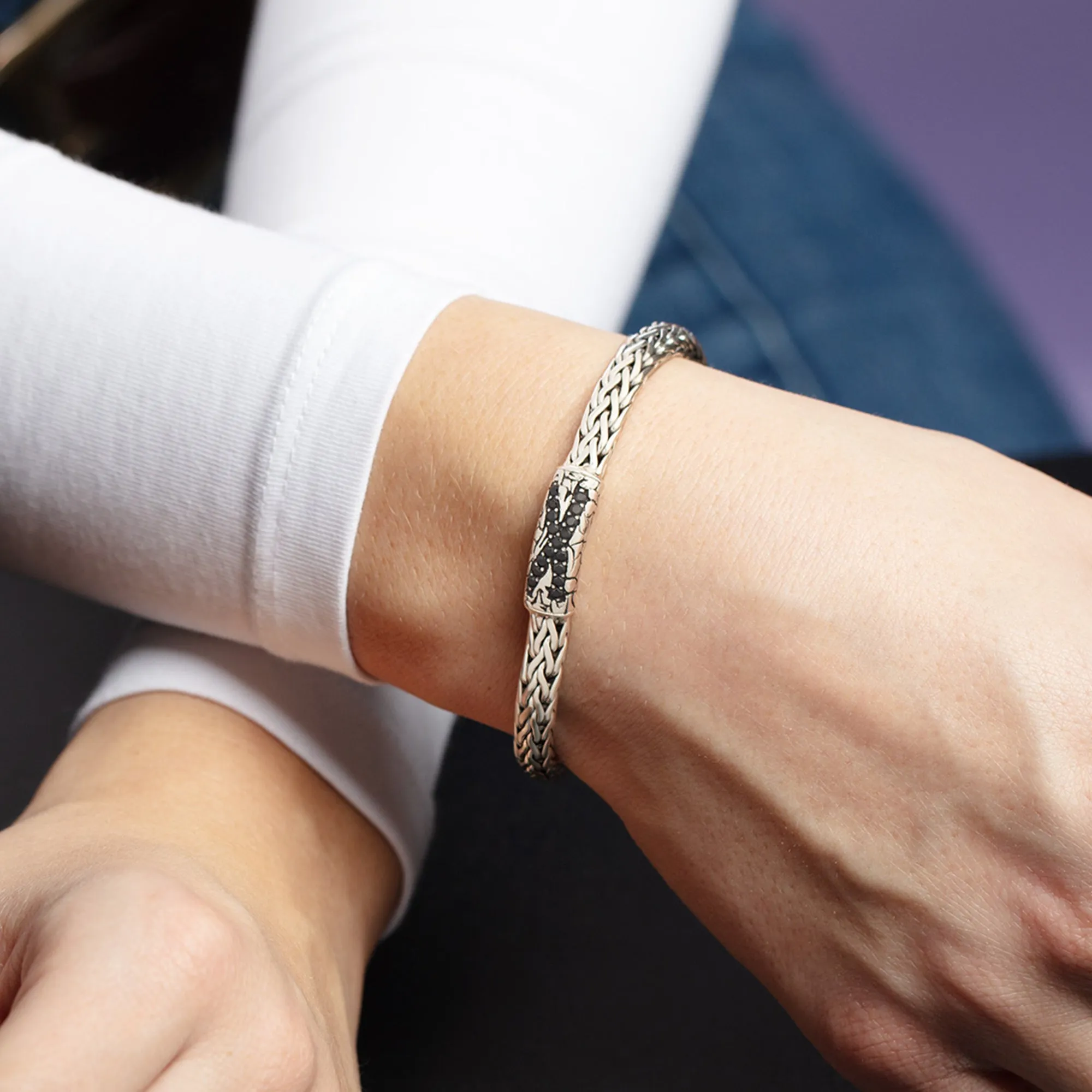 Silver & Black Sapphire Woven X Bracelet