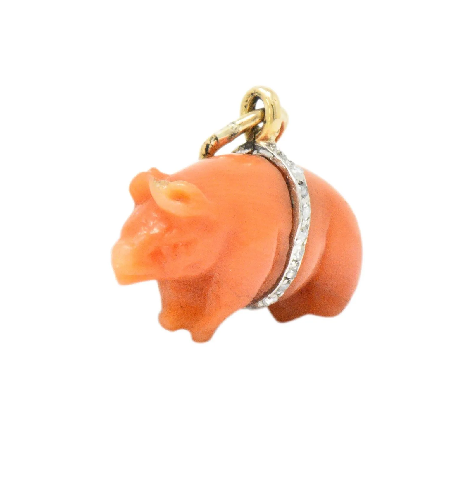 Victorian Coral Diamond 18 Karat Gold Pig Charm