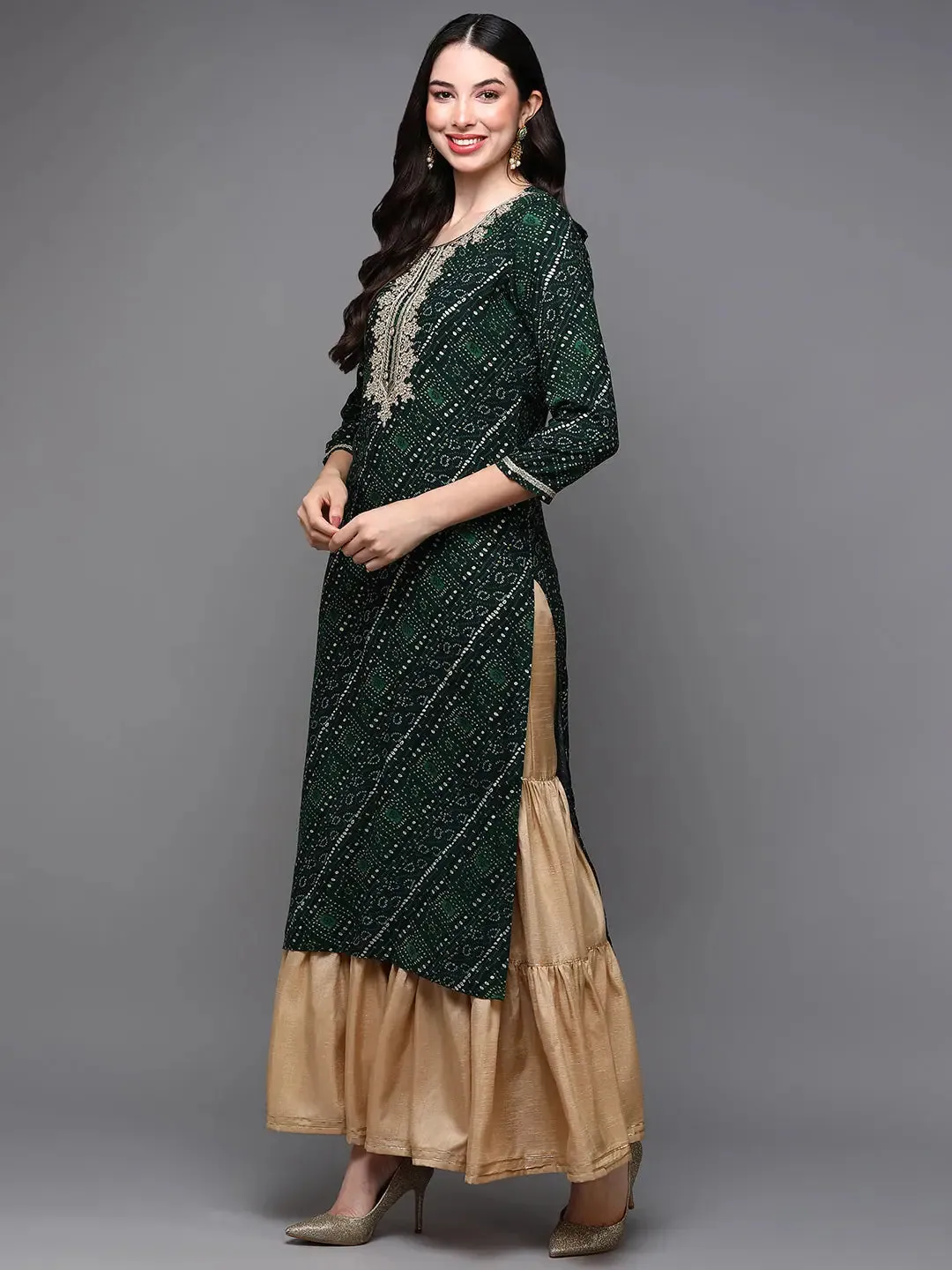 Viscose Rayon Green Bandhani Printed-VCK9470