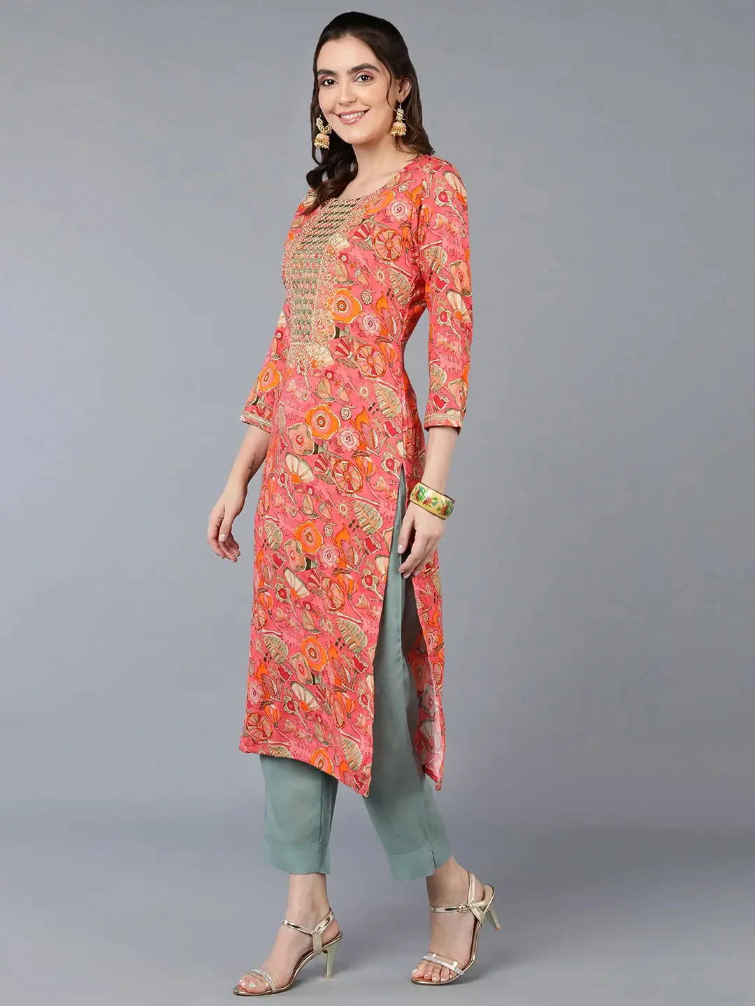 Viscose Rayon Pink Floral Printed Kurta-VCK9335