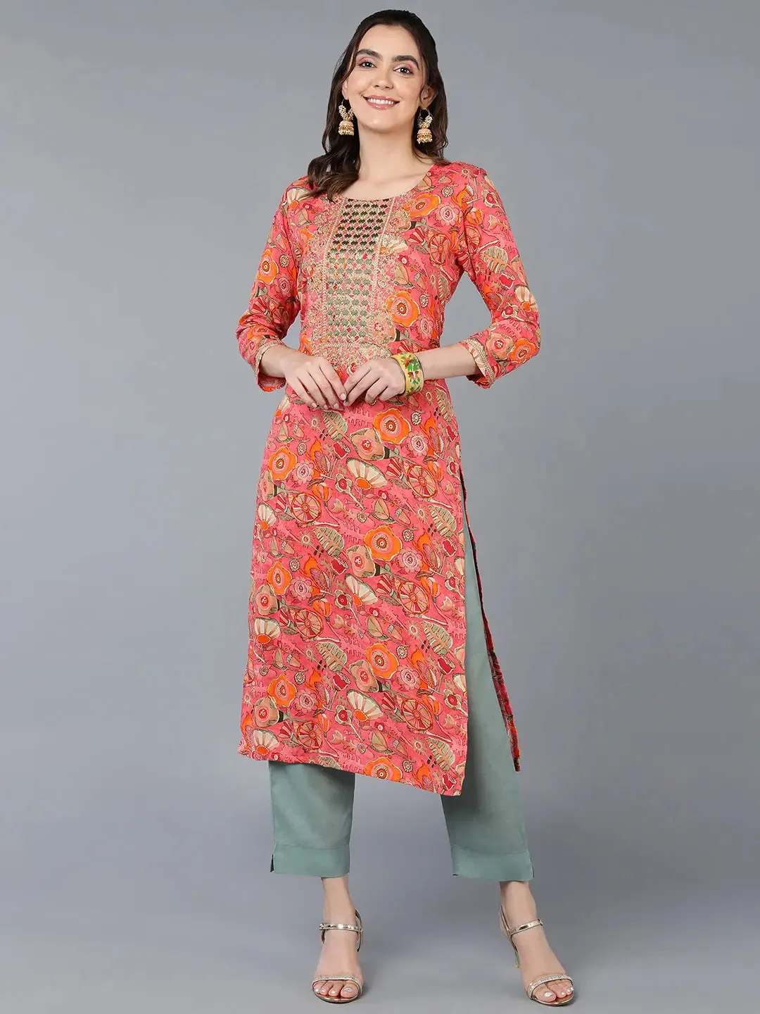 Viscose Rayon Pink Floral Printed Kurta-VCK9335
