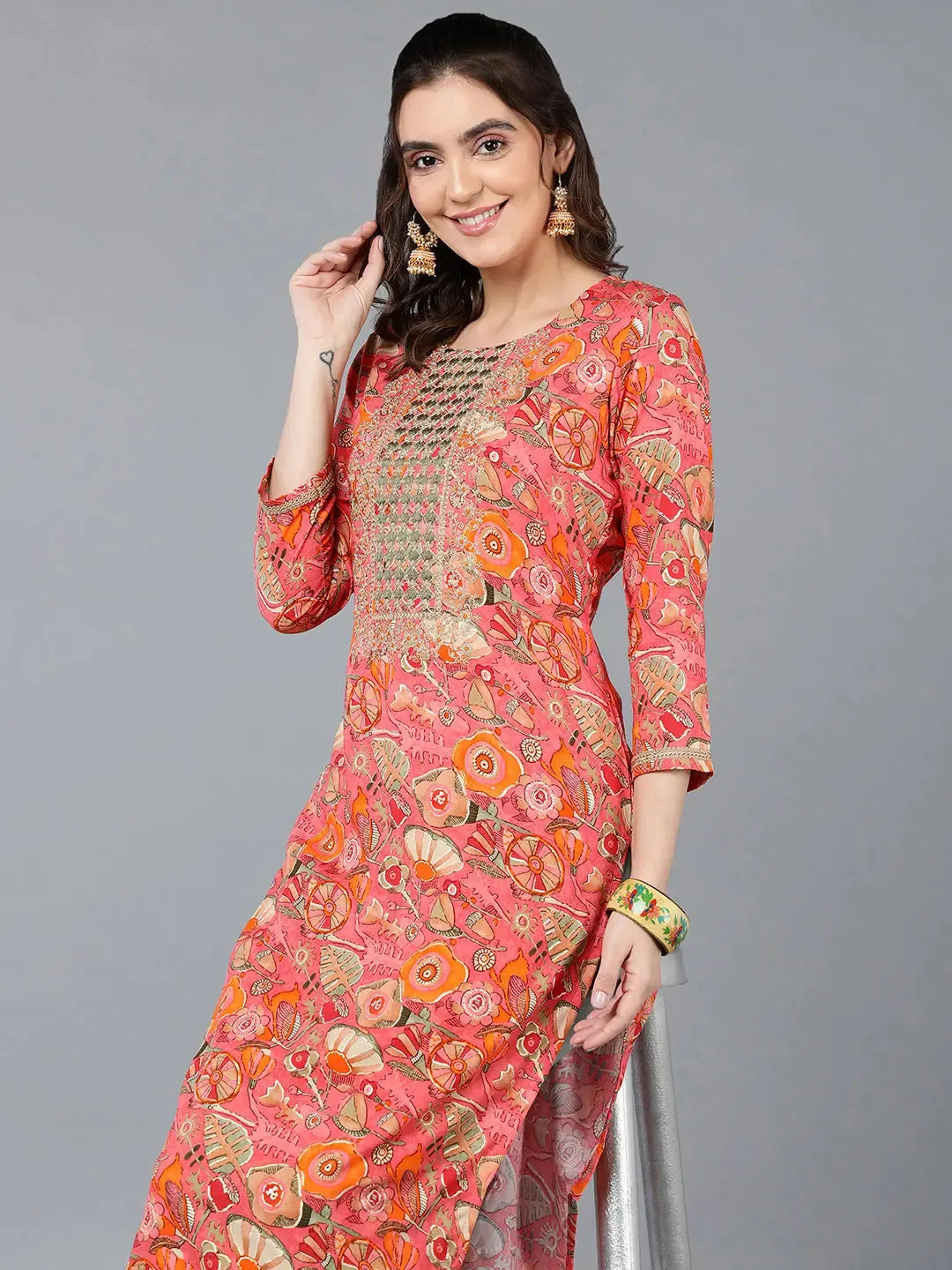 Viscose Rayon Pink Floral Printed Kurta-VCK9335