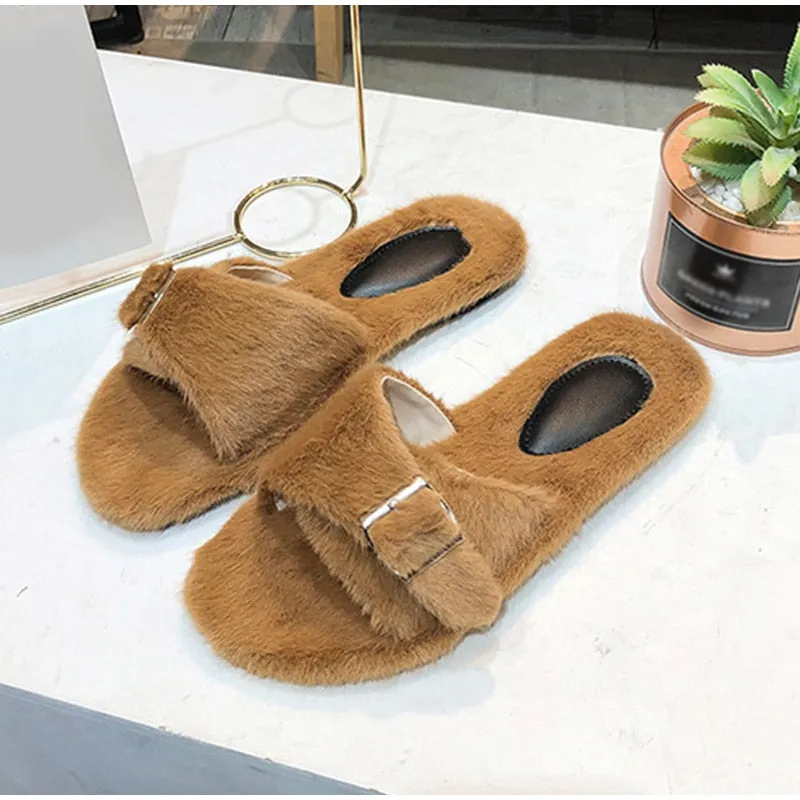 Woman Buckle Flat Female Fur Indoor Outdoor Elegant Slippers