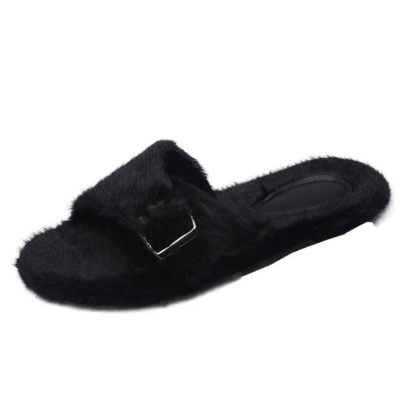 Woman Buckle Flat Female Fur Indoor Outdoor Elegant Slippers
