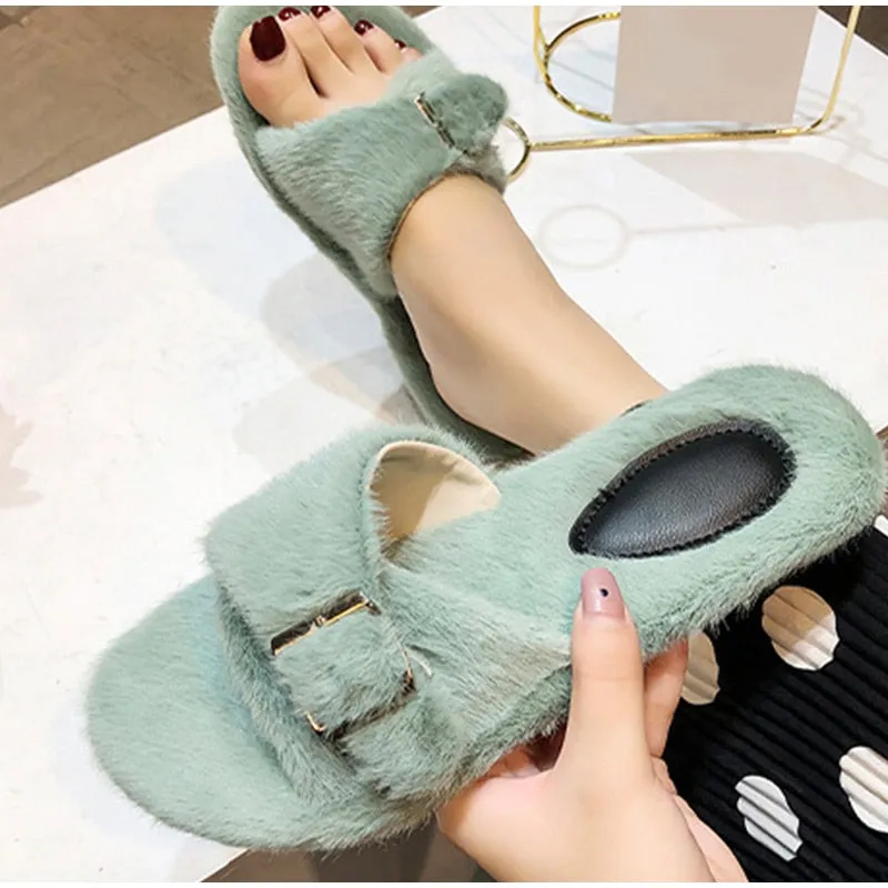 Woman Buckle Flat Female Fur Indoor Outdoor Elegant Slippers