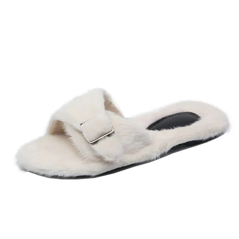 Woman Buckle Flat Female Fur Indoor Outdoor Elegant Slippers