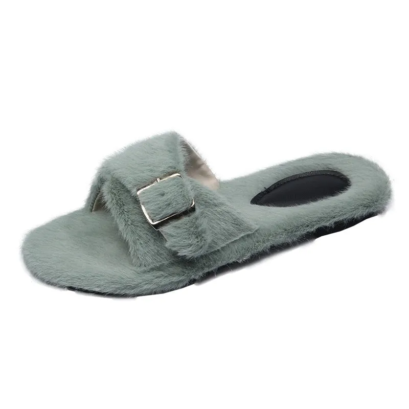 Woman Buckle Flat Female Fur Indoor Outdoor Elegant Slippers
